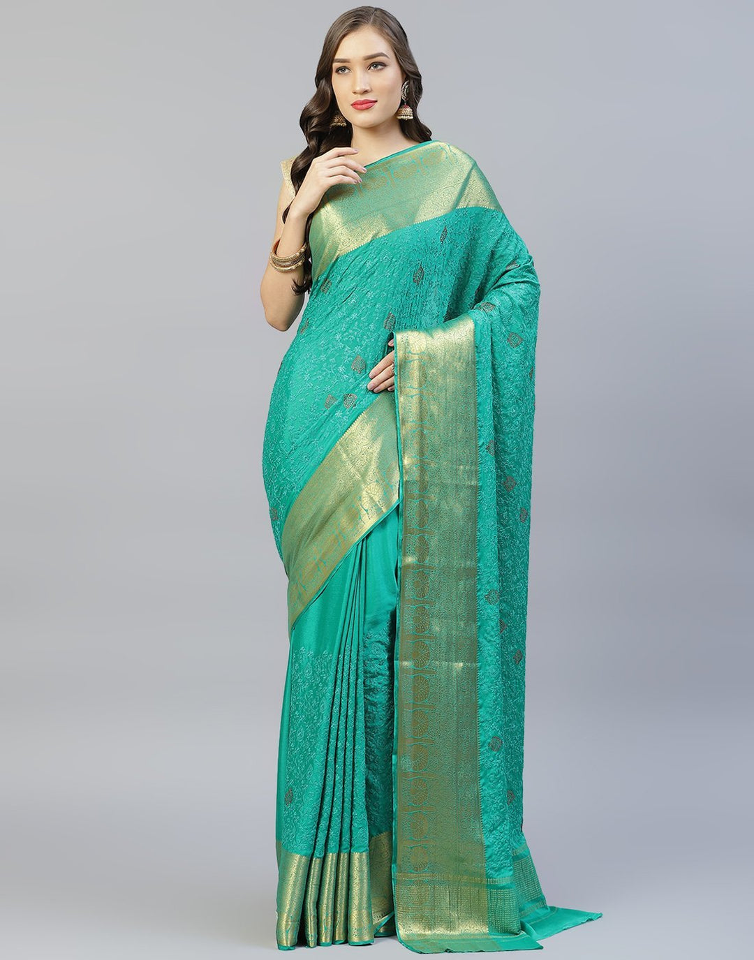 All Over Thread Work Semi Crepe Saree With Zari Border