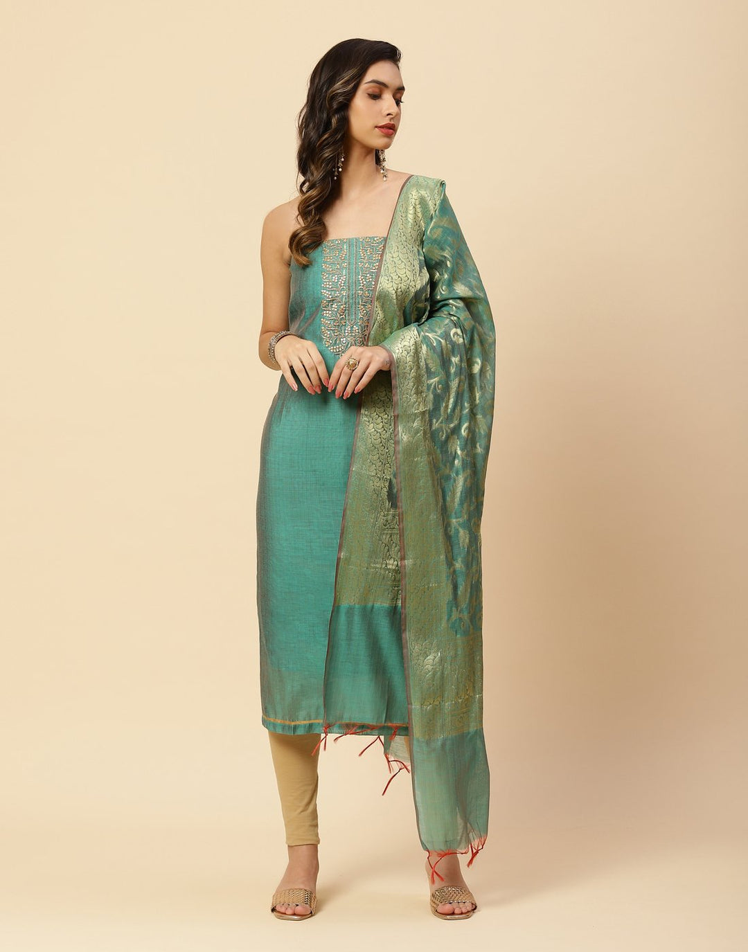 Embroidered Chanderi Suit Piece With Chanderi Banarasi Dupatta