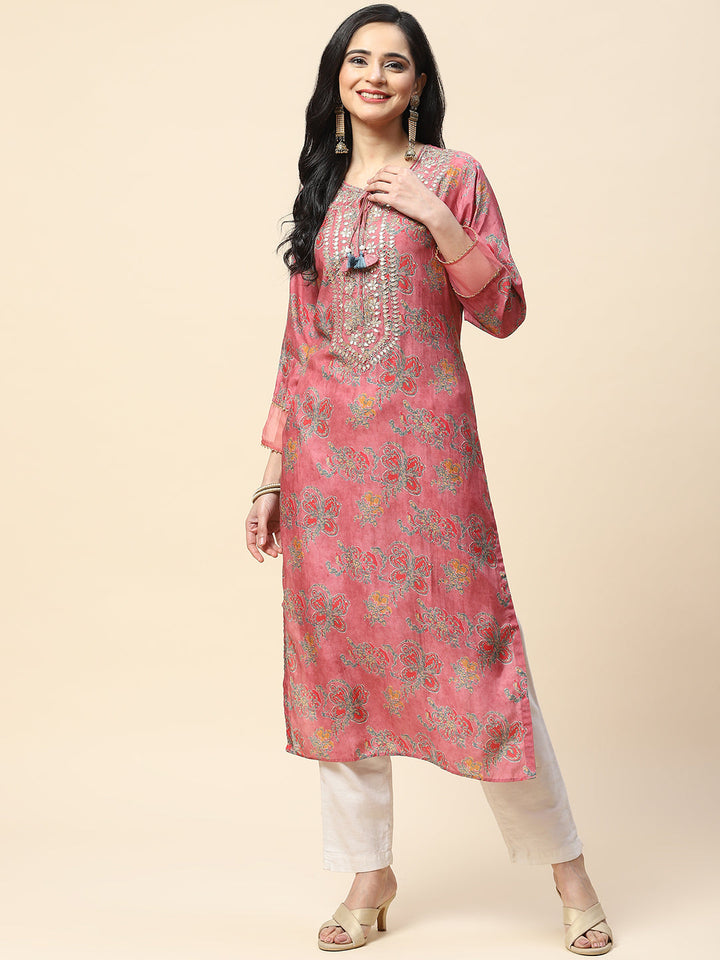 Printed With Yoke Embroidered Muslin Kurta