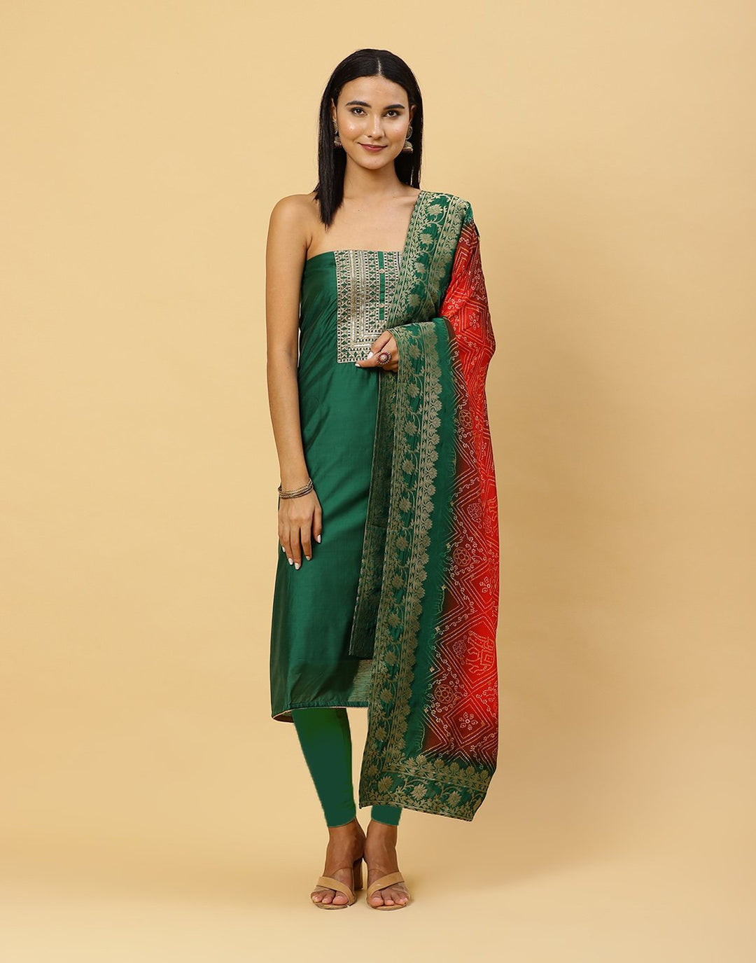 Embroidered Chanderi Suit Piece With Chanderi Banarasi Dupatta