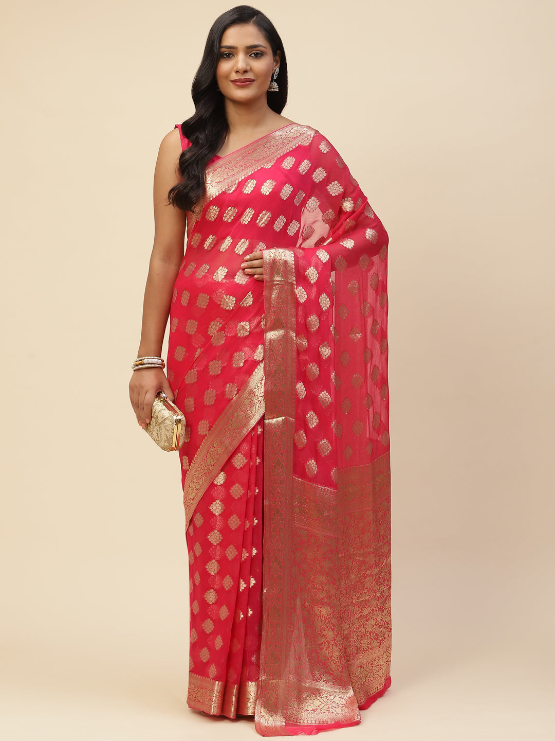 Zari Booti Chiffon Plain Saree