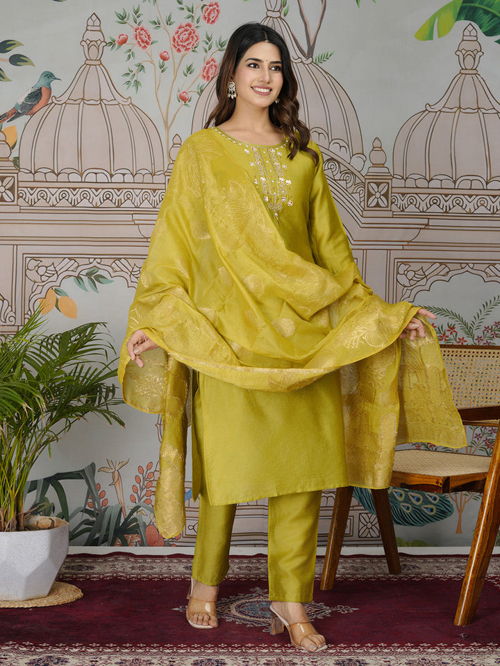 Embroidered Tissue Kurta With Pants &amp; Dupatta