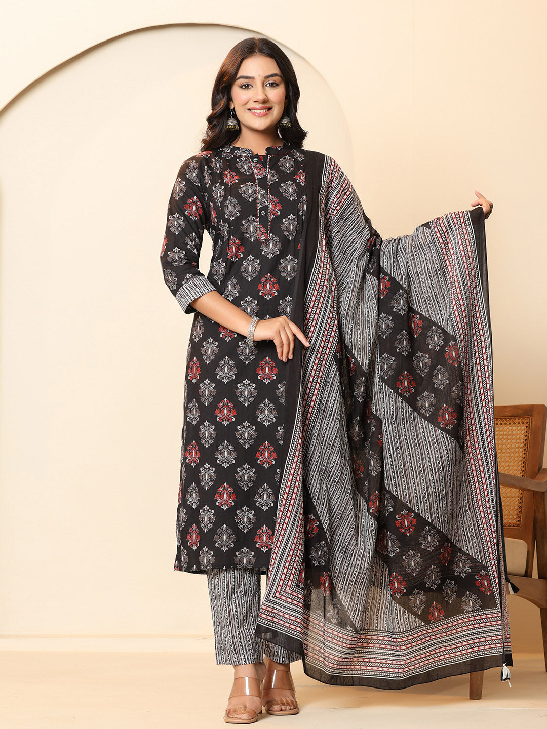 Printed Cotton Blend Kurta With Pants &amp; Dupatta