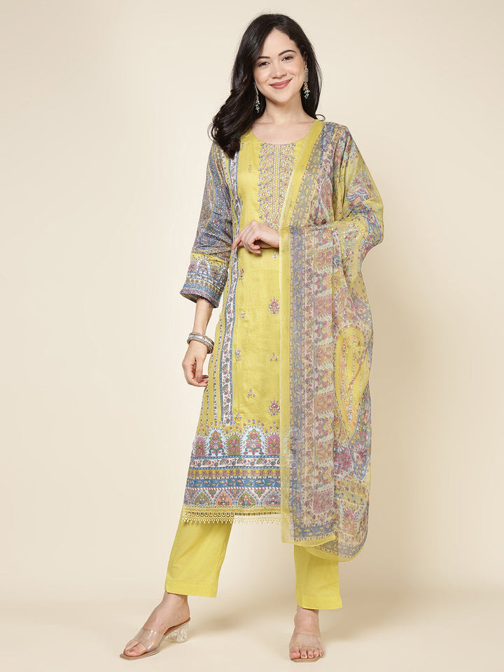 Printed Cotton Blend Kurta With Pants &amp; Dupatta
