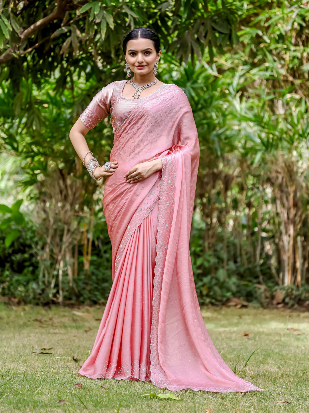 Cutdana Embroidered Chinon Saree