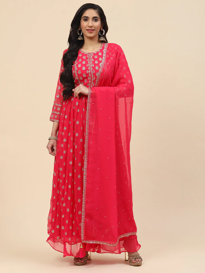 Sequin Embroidered Georgette Kurta With Sharara &amp; Dupatta