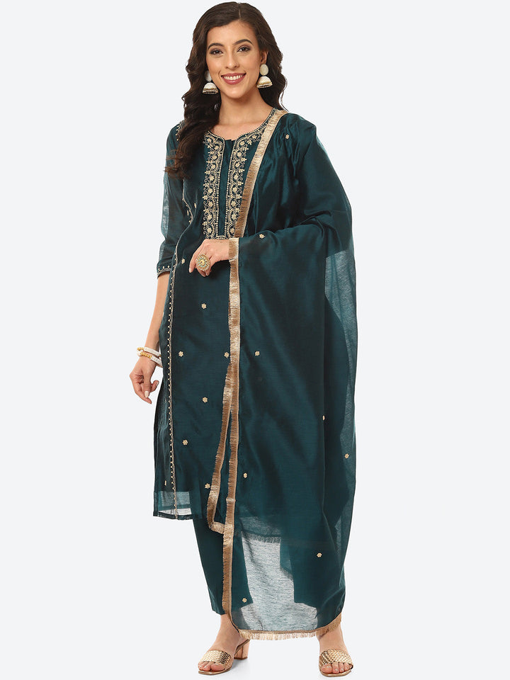 Zari Neck Embroidered Booti Chanderi Kurta With Pant &amp; Dupatta