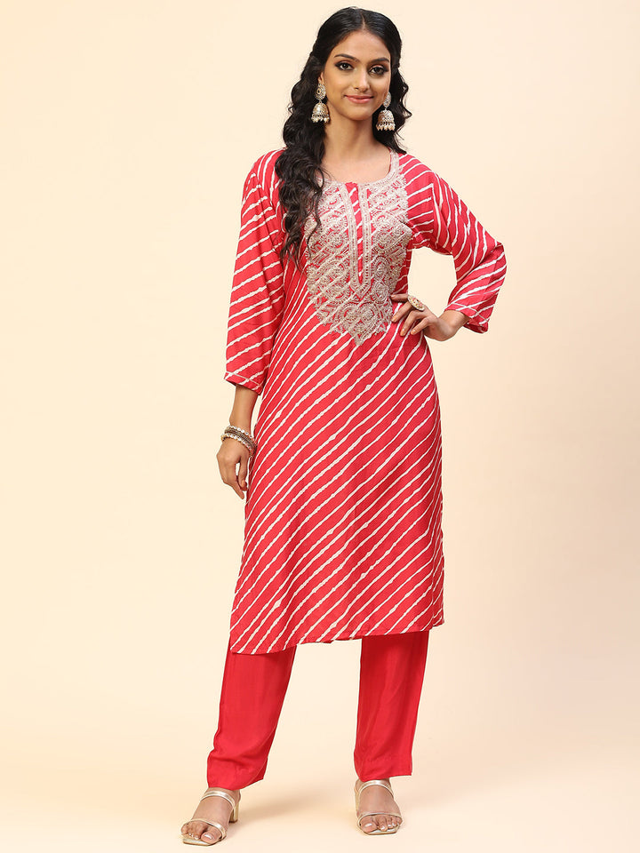 Neck Embroidered Leheriya Printed Cotton Kurta With Pants