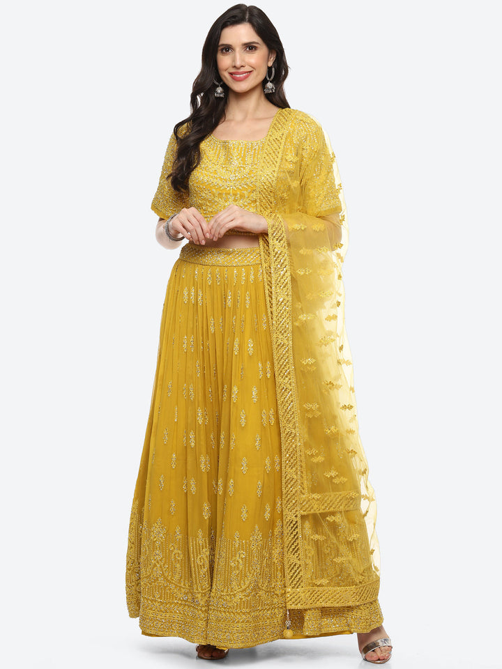 Resham Embroidered Georgette Choli With Lehenga &amp; Net Dupatta