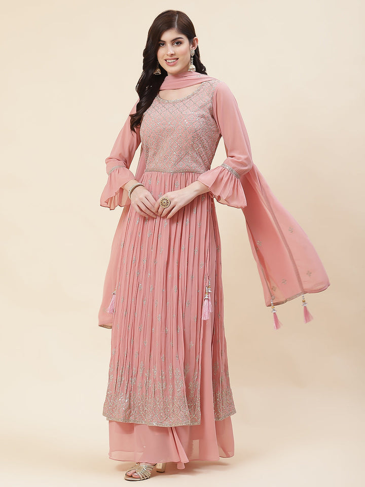 Zari Embroidered Booti Georgette Kurta With Palazzo &amp; Dupatta