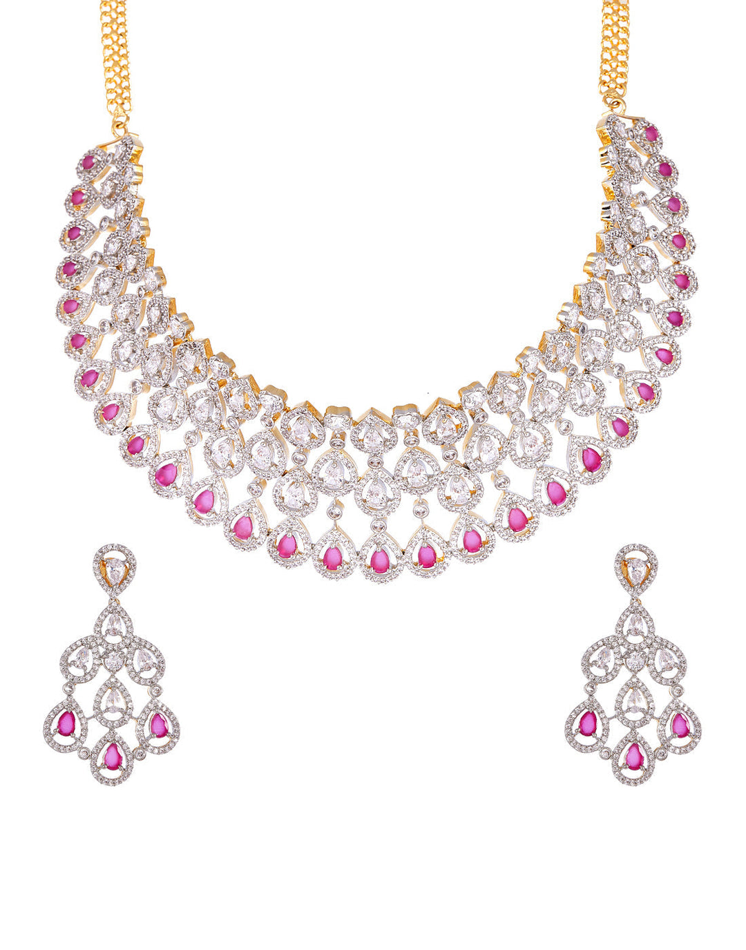 Gold Plated Necklace Embellished With Pink Stone And Earrings