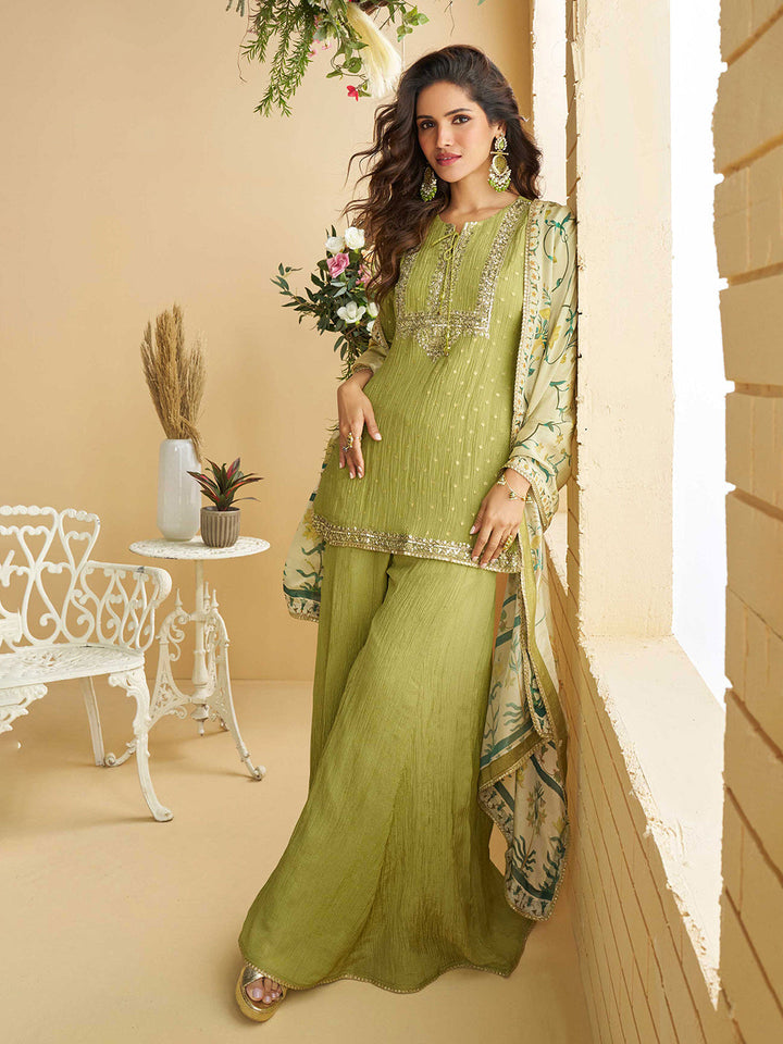 Embroidered Chinnon Kurta With Plazzo &amp; Dupatta