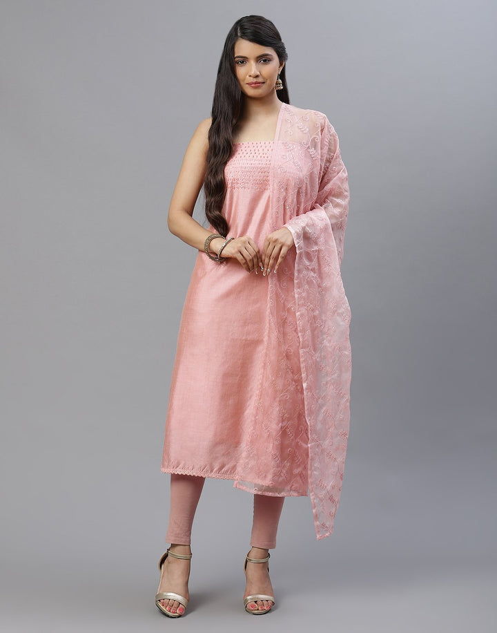 Embroidered Chanderi Suit Piece With Organza Dupatta