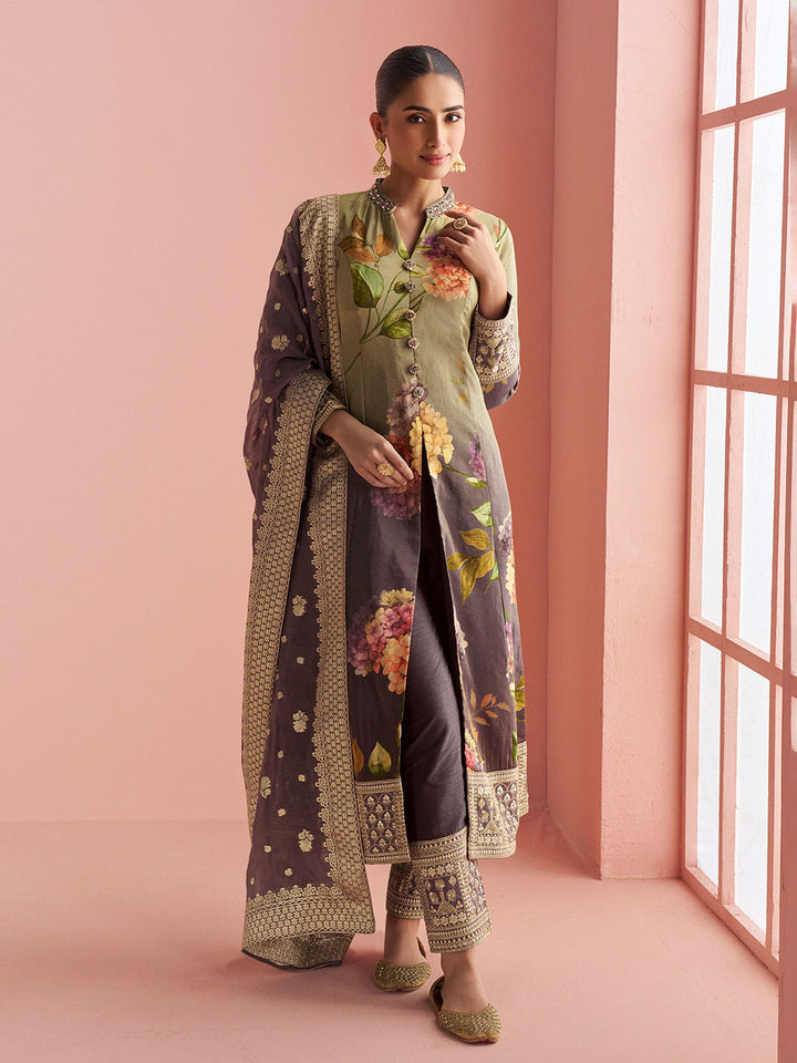 Embroidered Silk Suit With Pant &amp; Dupatta