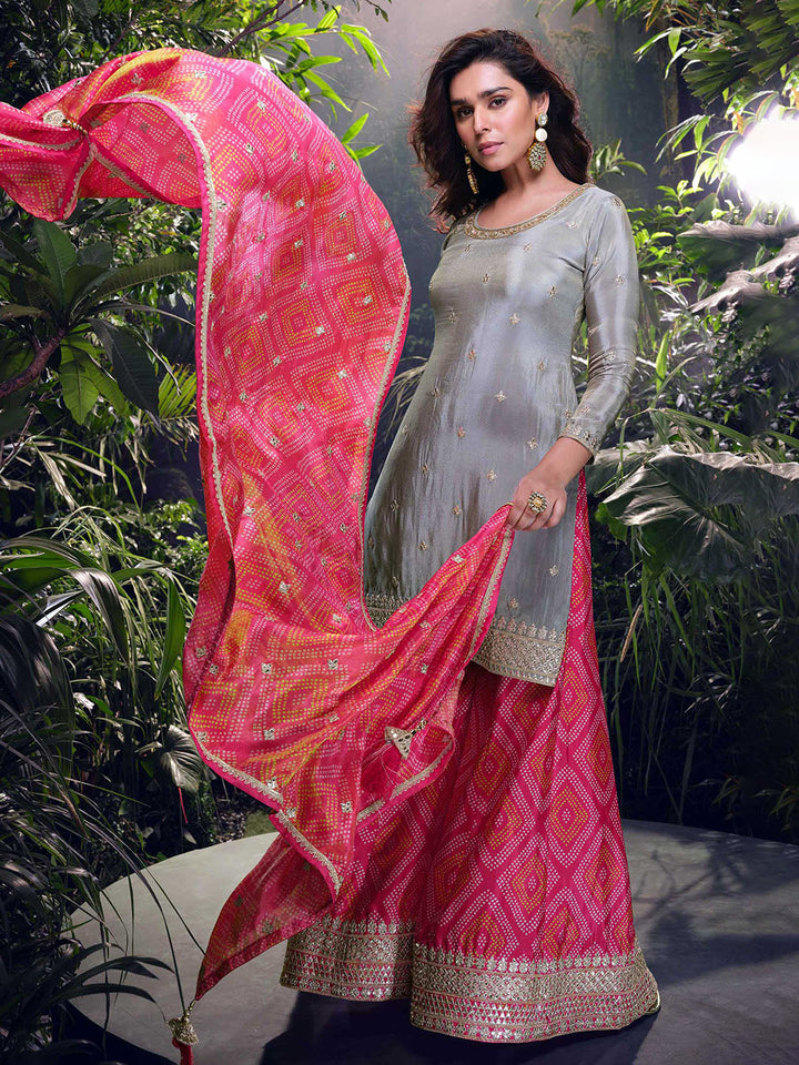 Embroidered Chinon Suit With Plazzo &amp; Dupatta
