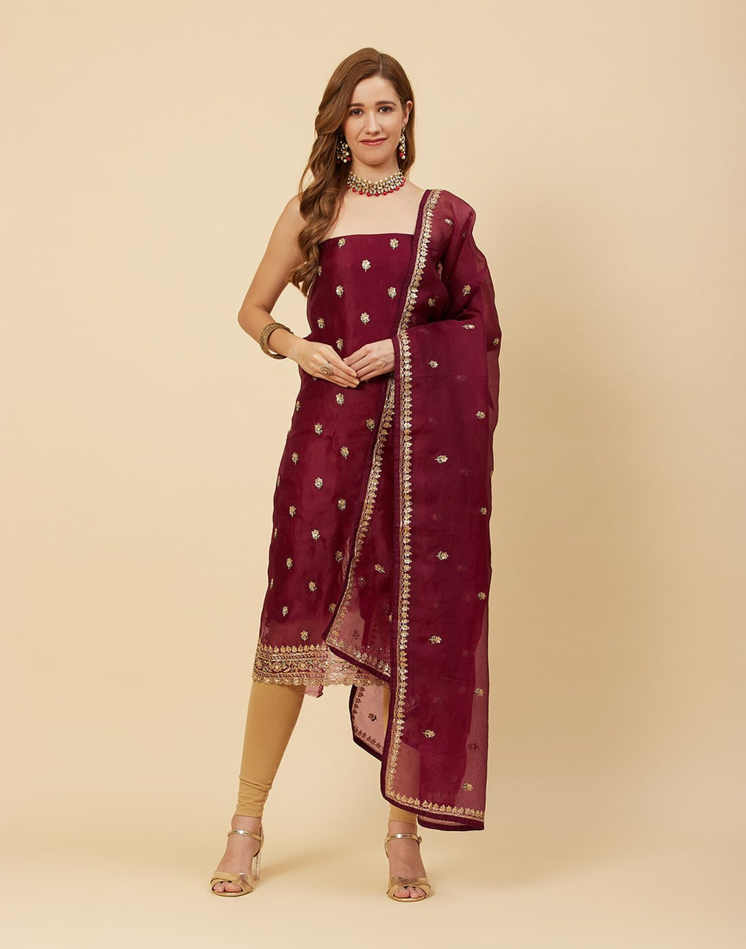 Embroidered Organza Kora Suit Piece With Dupatta