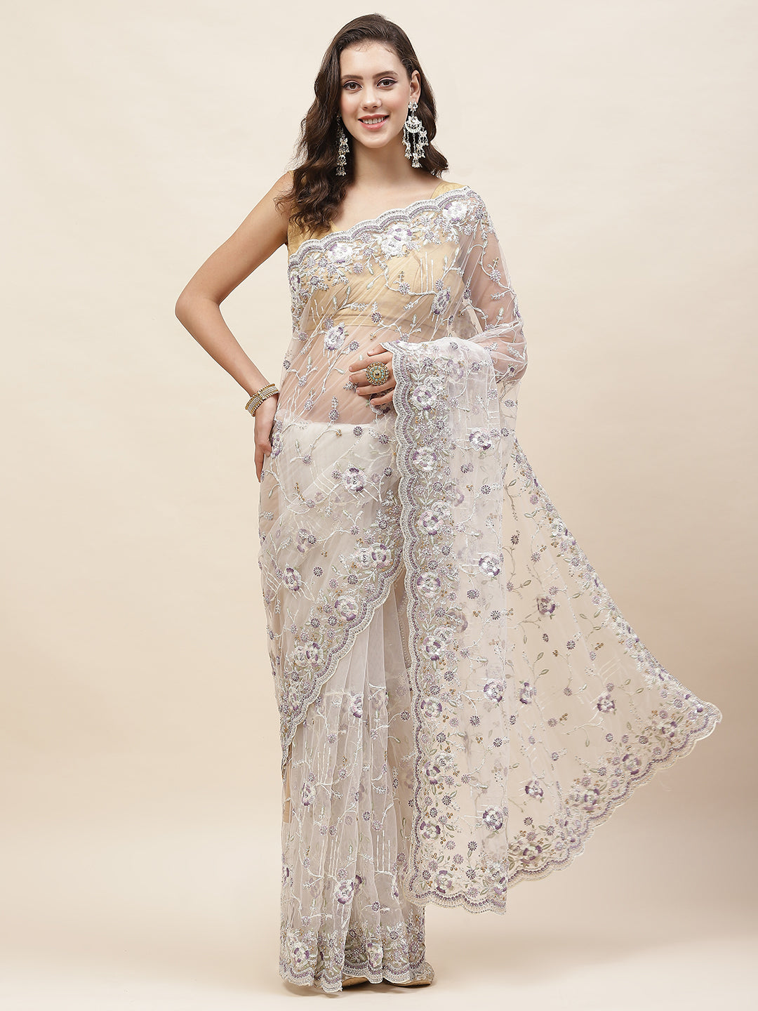 Resham Jaal Embroidery Net Saree