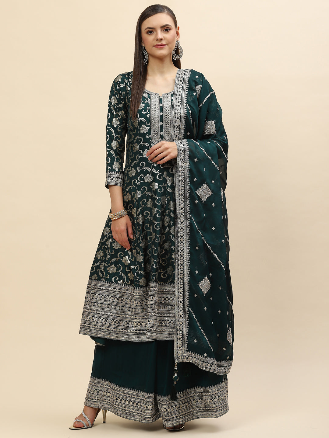Resham Zari Embroidered Handloom Kurta With Palazzo &amp; Dupatta
