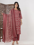 Maroon Embroidered Cotton Blend Straight Suit Set With Dupatta