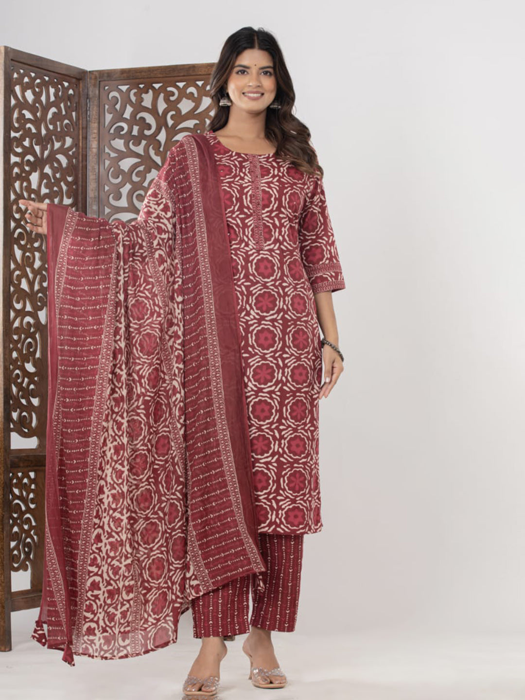 Maroon Embroidered Cotton Blend Straight Suit Set With Dupatta