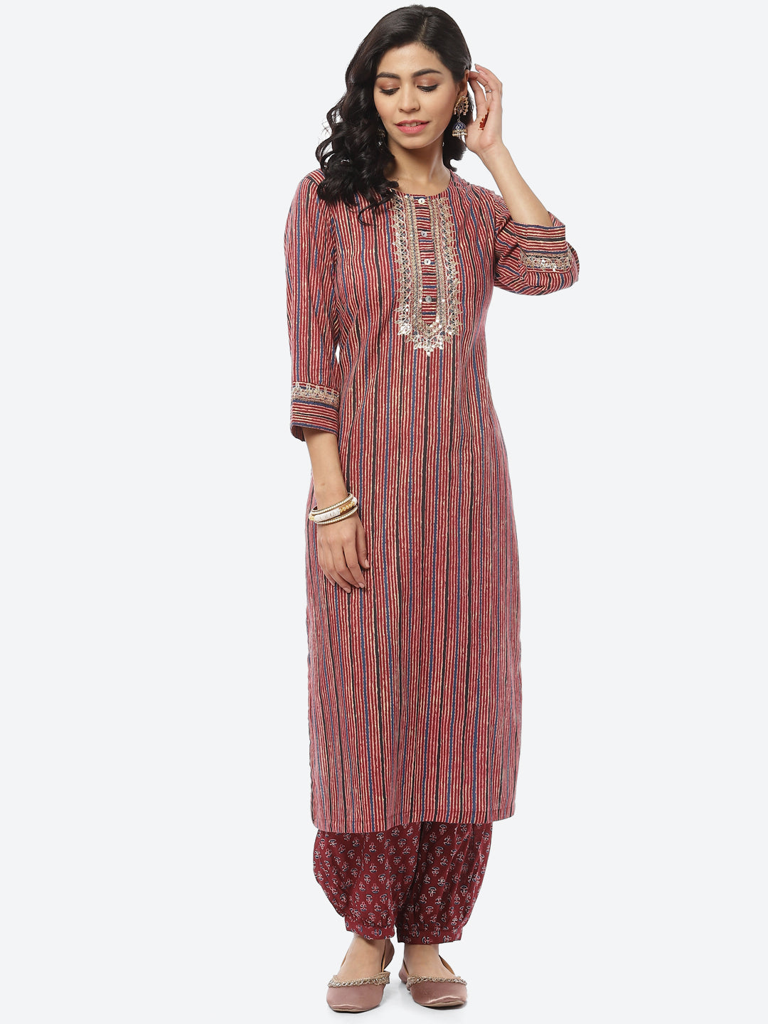 Printed Zari Neck Cotton Kurti With Afghani Pant