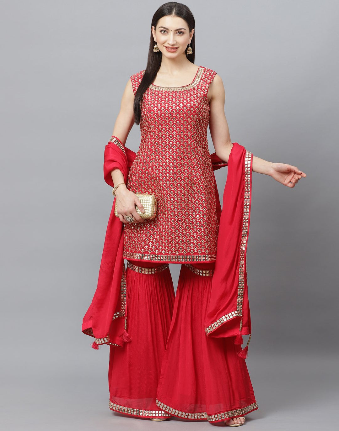 Elegant Red Art Crepe Stitched Gharara Set