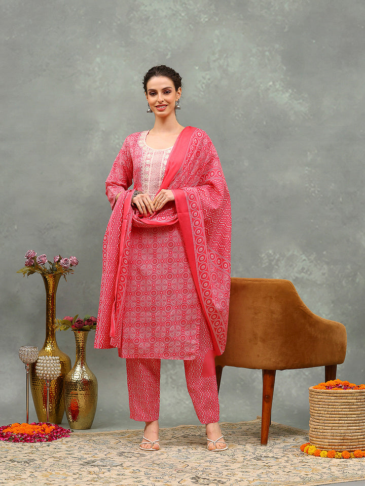 Floral Printed Cotton Kurta With Pants &amp; Dupatta