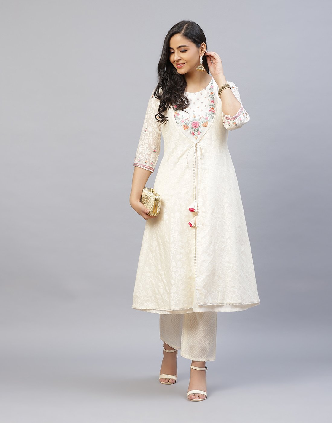 Embroidered Chanderi Kurti Pant Set