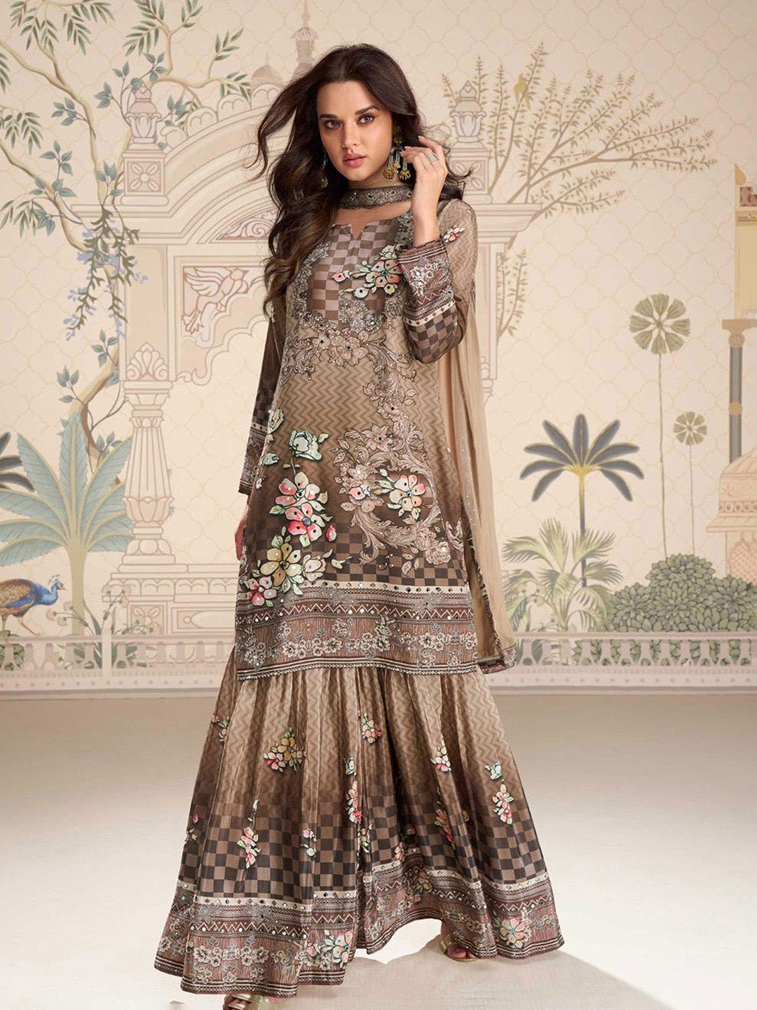 Embroidered Crepe Kurti With Plazzo &amp; Dupatta