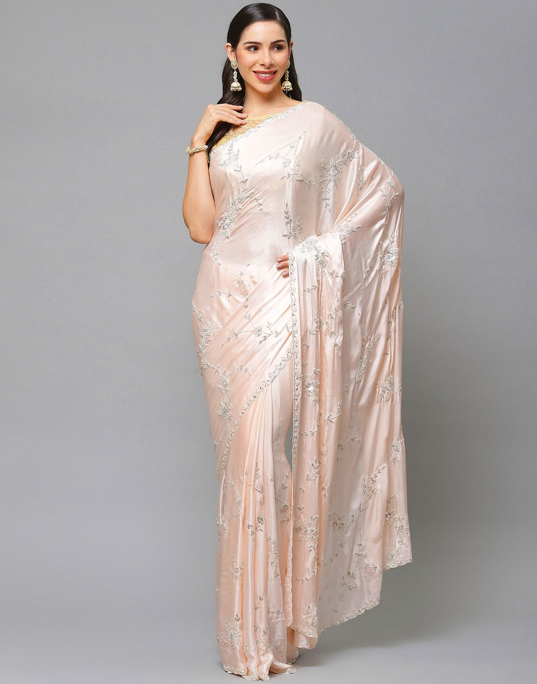 Embroidery Grey and Peach Saree