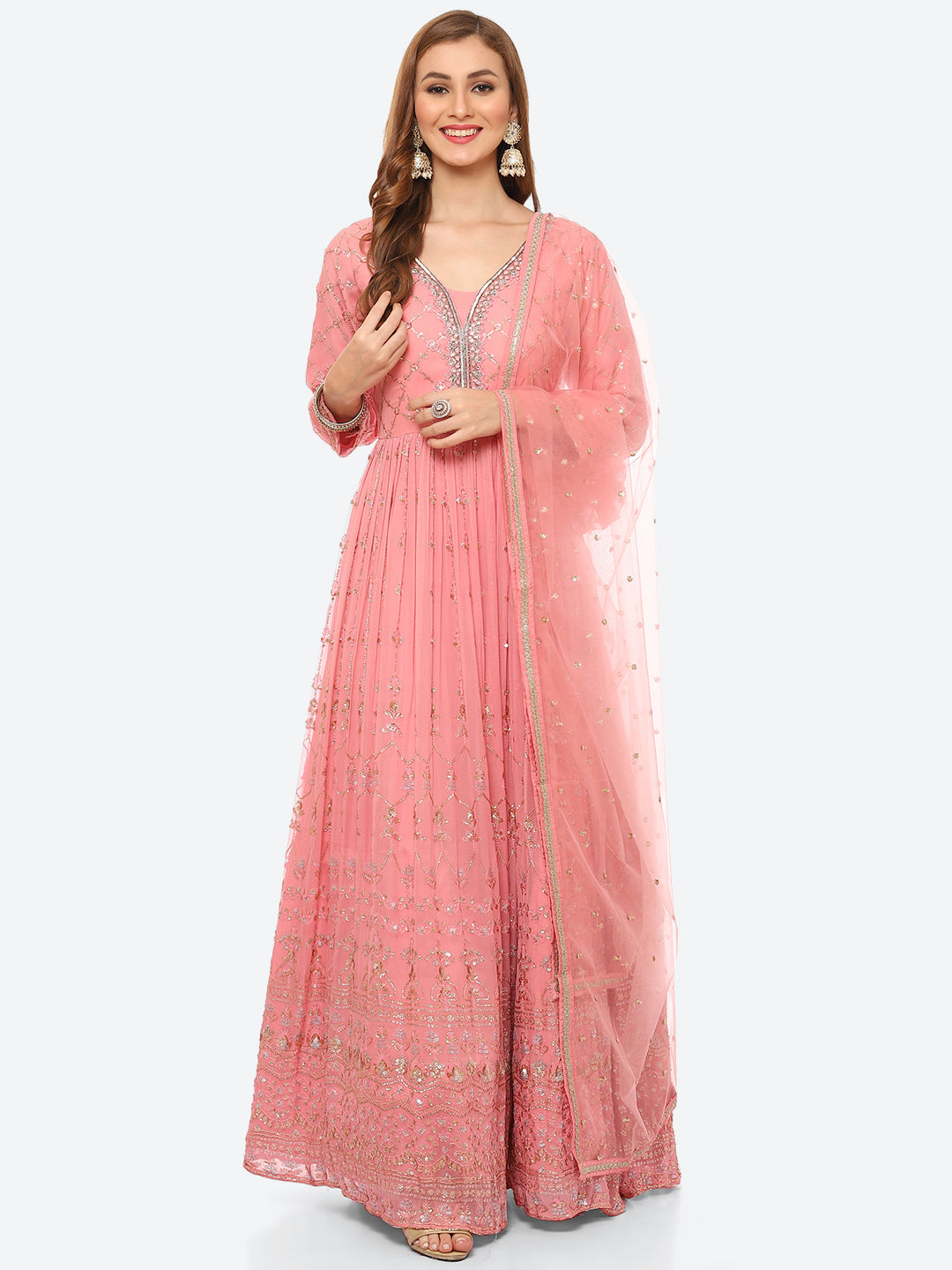 Sequin Work Georgette Anarkali Kurta With Churidar &amp; Net Dupatta