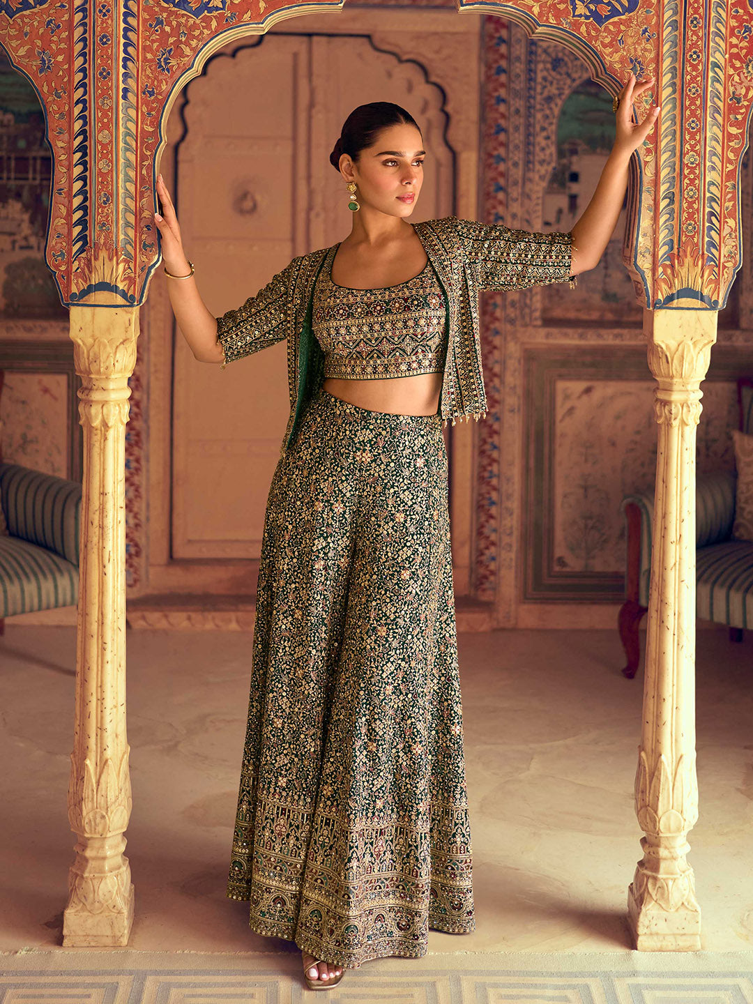 Embroidered Georgette Choli &amp; Gharara With Jacket