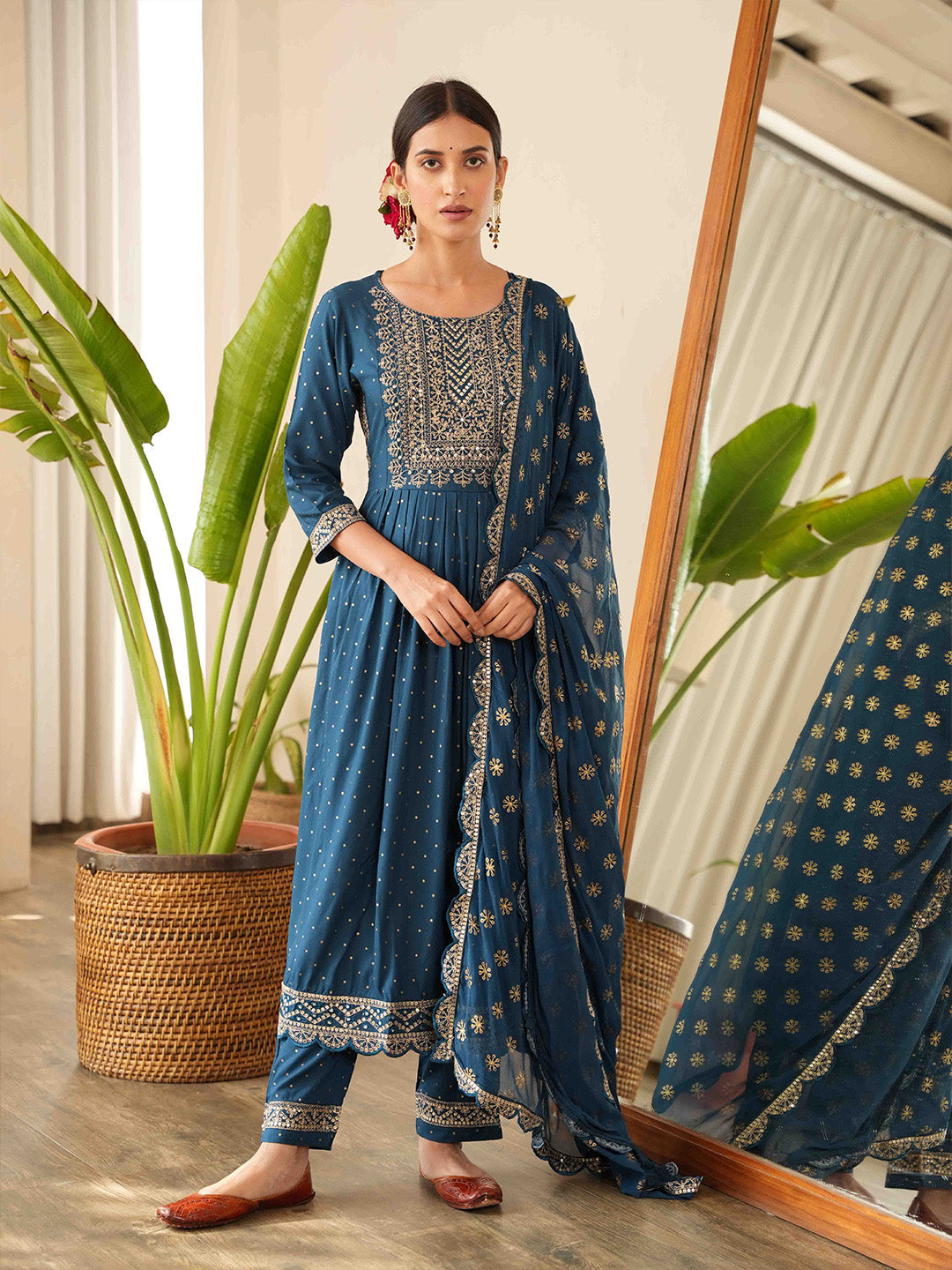 Sequin Embroidered Cotton Kurta With Pants &amp; Dupatta