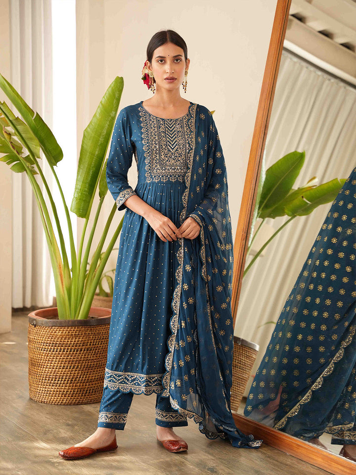 Sequin Embroidered Cotton Kurta With Pants &amp; Dupatta