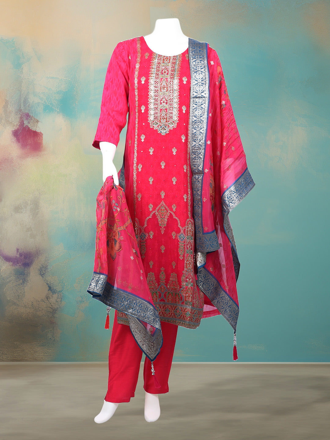 Bandhani Printed Organza Kurta With Pants &amp; Dupatta