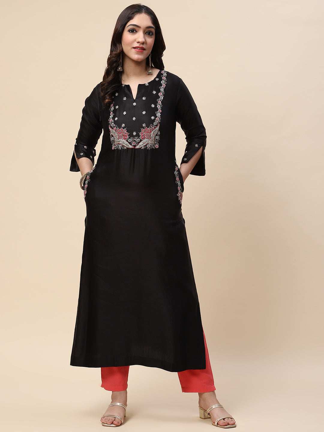 Neck Embroidered Satin Kurta