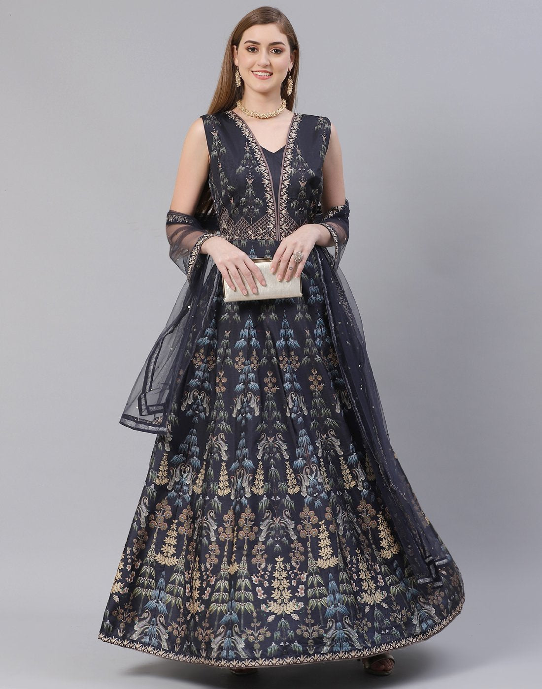 Navy Blue Art Tussar Salwar Kameez Stitched Suit
