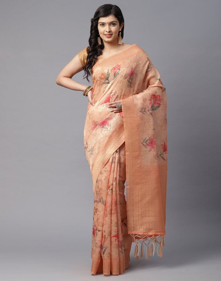 Floral Printed Cotton Linen Saree