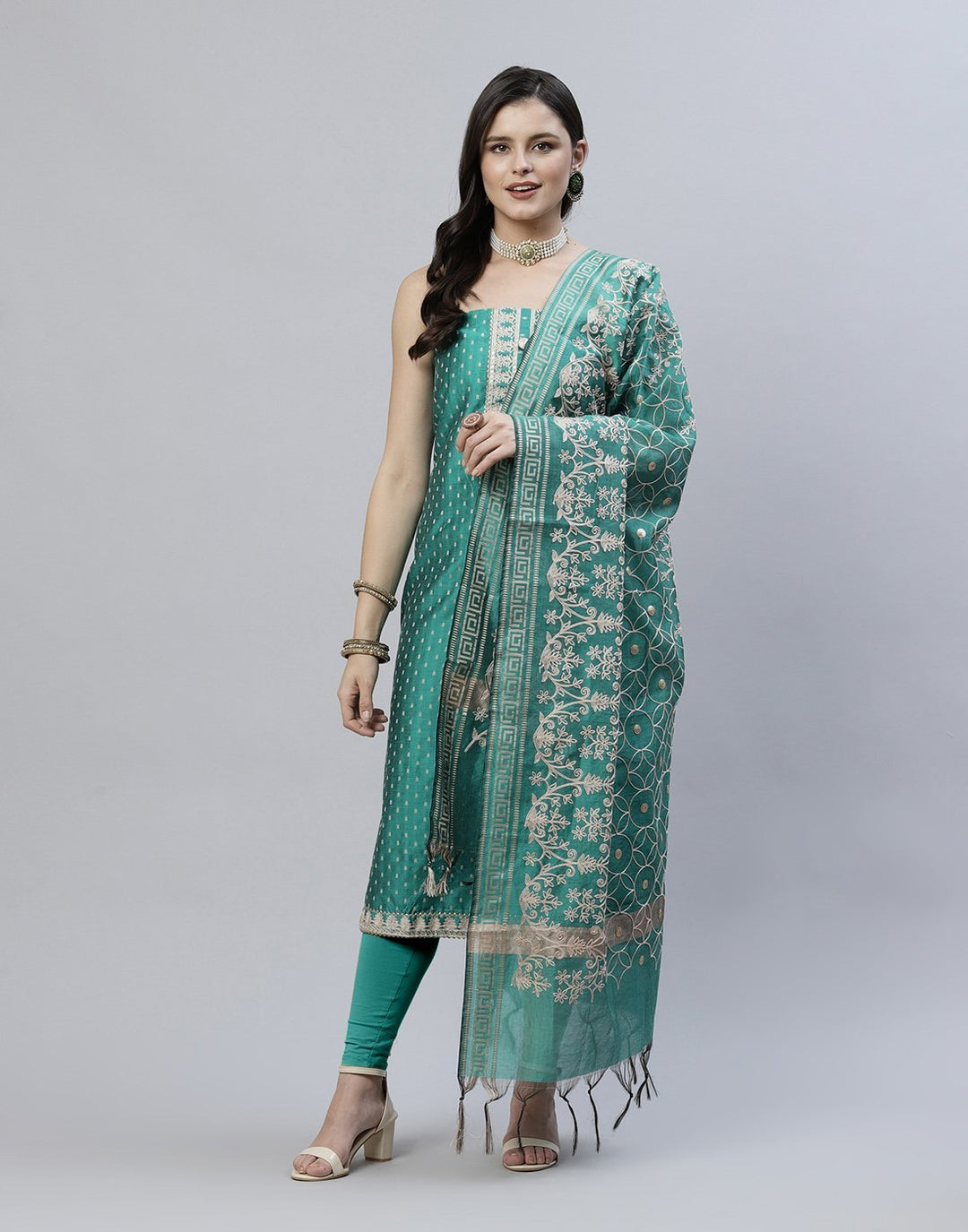 Chanderi Suit Piece With Embroidered Dupatta