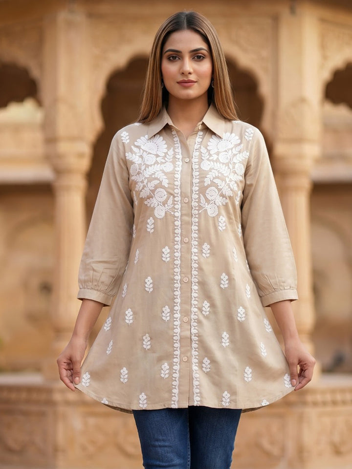 Beige Embroidered Cotton Blend Straight Kurta