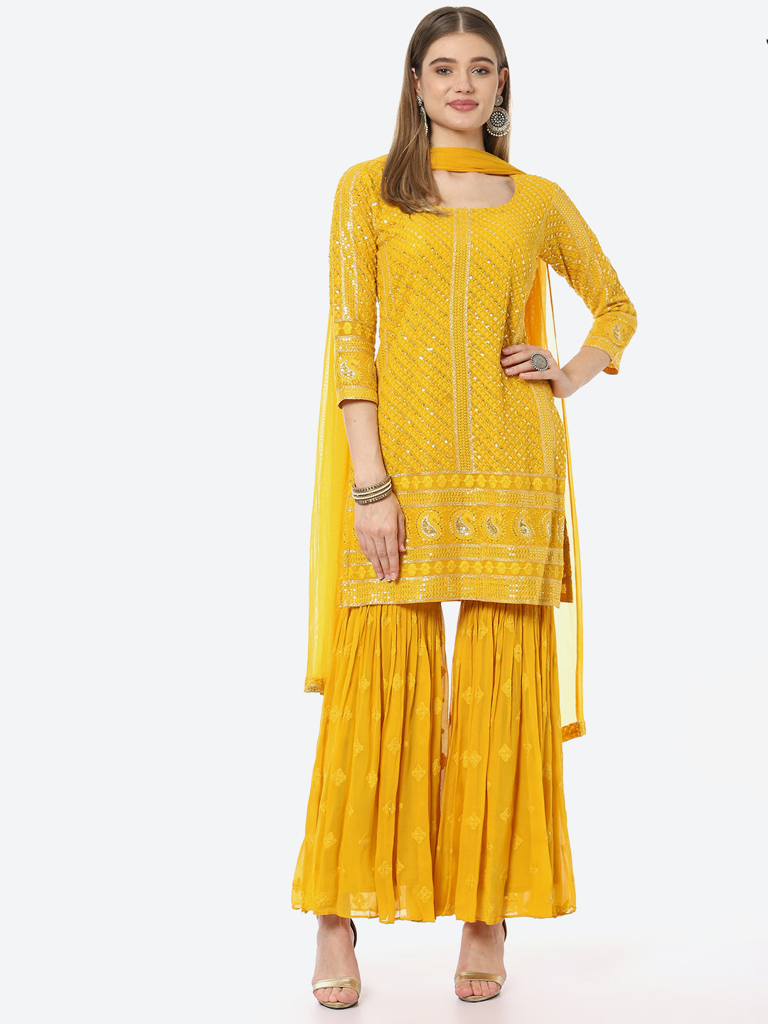 Sequin Georgette Kurti With Sharara &amp; Net Dupatta