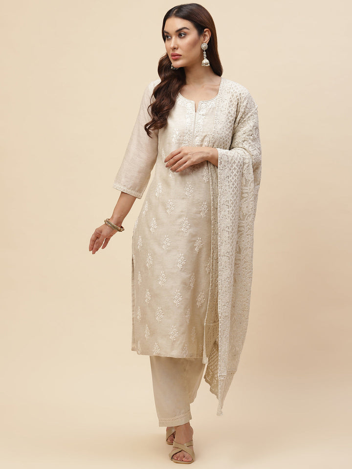 Resham Booti Chanderi Kurta With Pants &amp; Dupatta