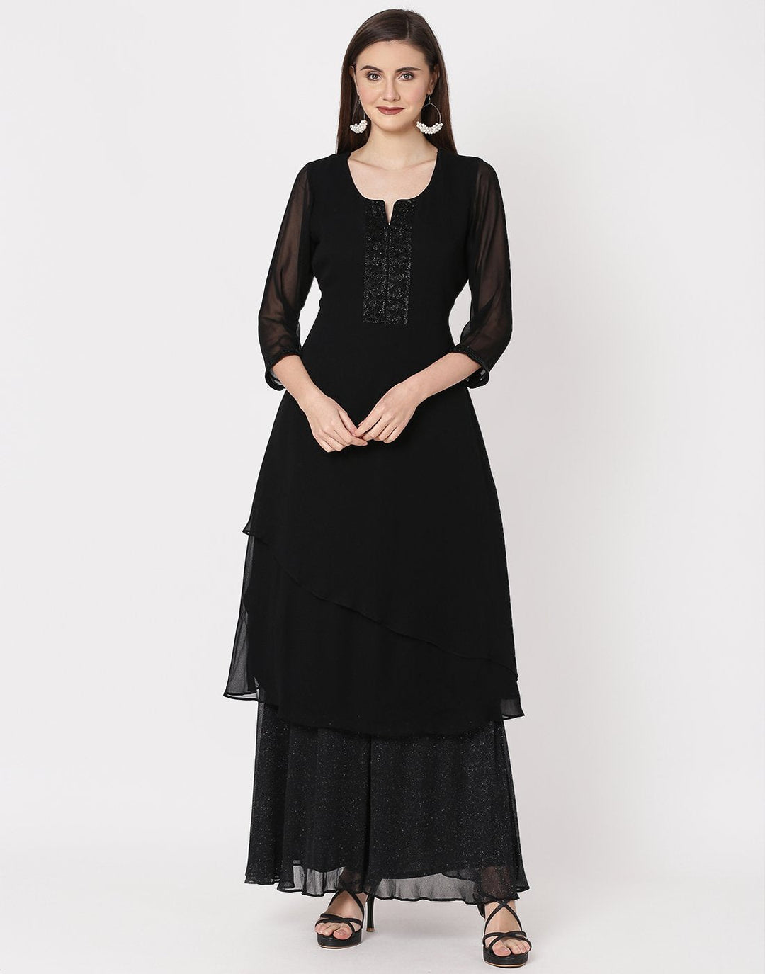 MBZ Meena Bazaar-Black Georgette Kurti with Palazzo