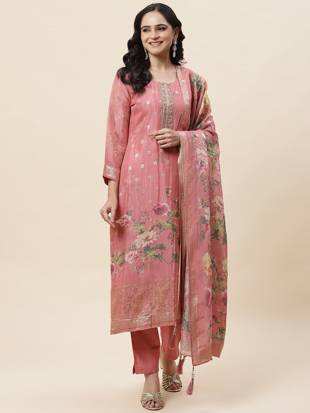Floral Printed Organza Kurta With Pants & Dupatta