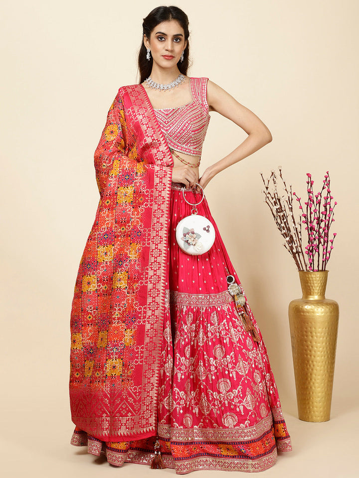 Embroidered Banarsi Choli With Lehenga &amp; Dupatta