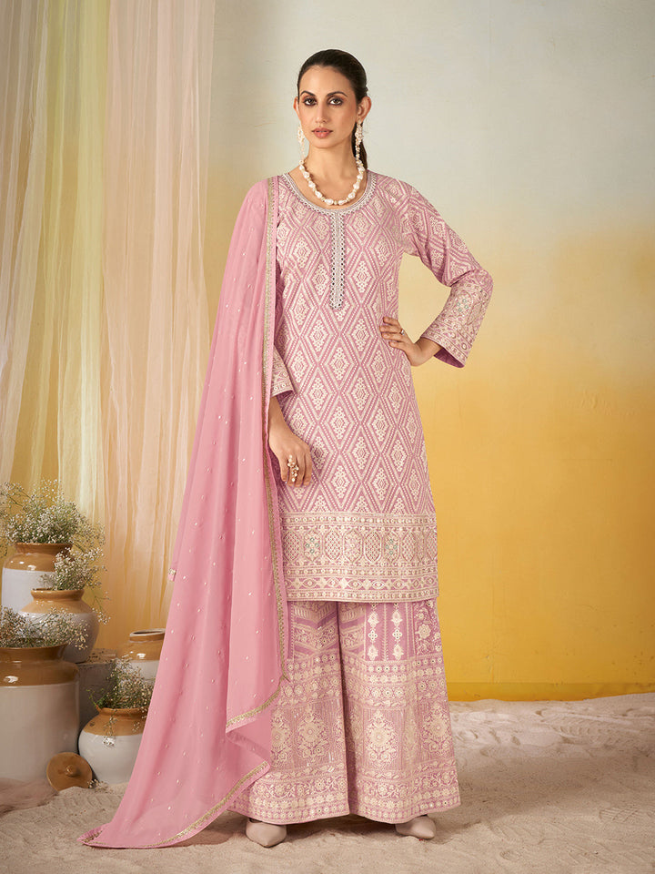 Embroidered Geogrette Kurta With Plazzo &amp; Dupatta