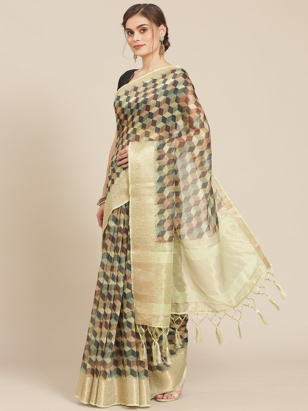 Abstract Printed Banarasi Pallu Cotton Woven Saree