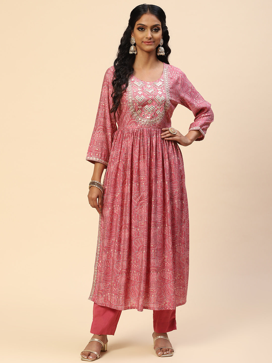 Embroidered Mirror Neck Printed Muslin Kurta With Pants