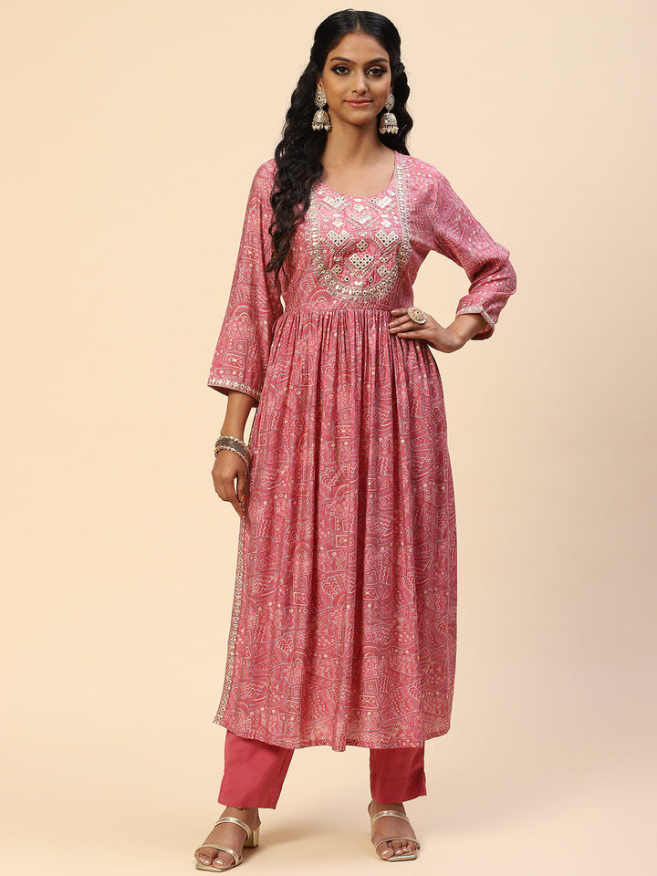 Embroidered Mirror Neck Printed Muslin Kurta With Pants