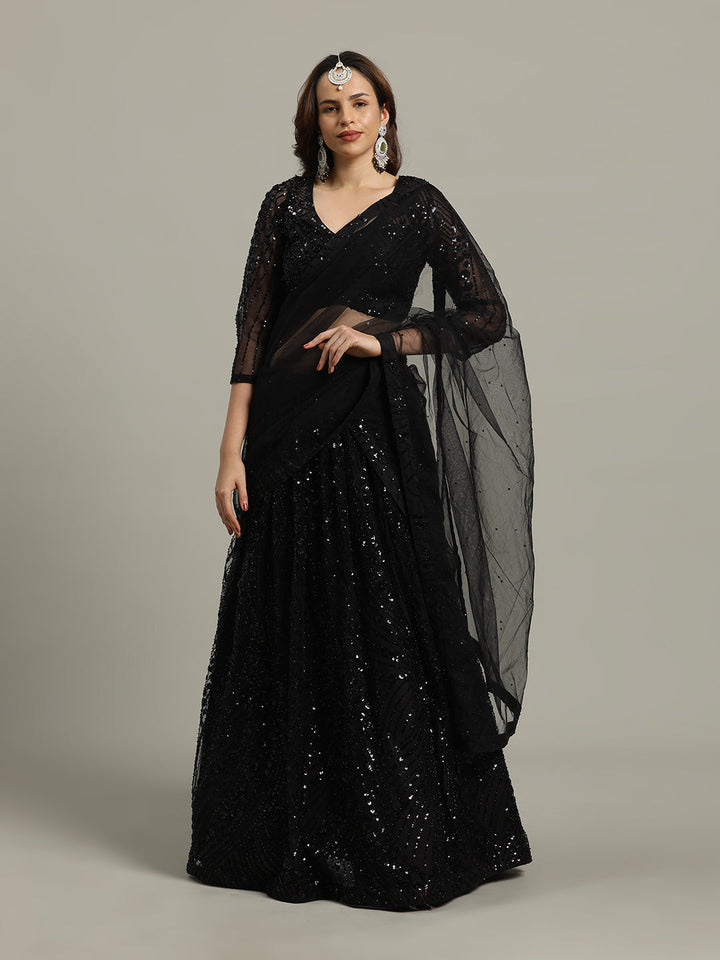 Sequin Embroidery Net Choli With Lehenga &amp; Dupatta